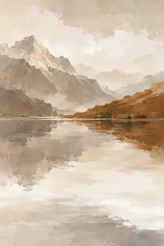 A mountain lake, perfectly still in cream, gray, stone, sand; portrait artwork.