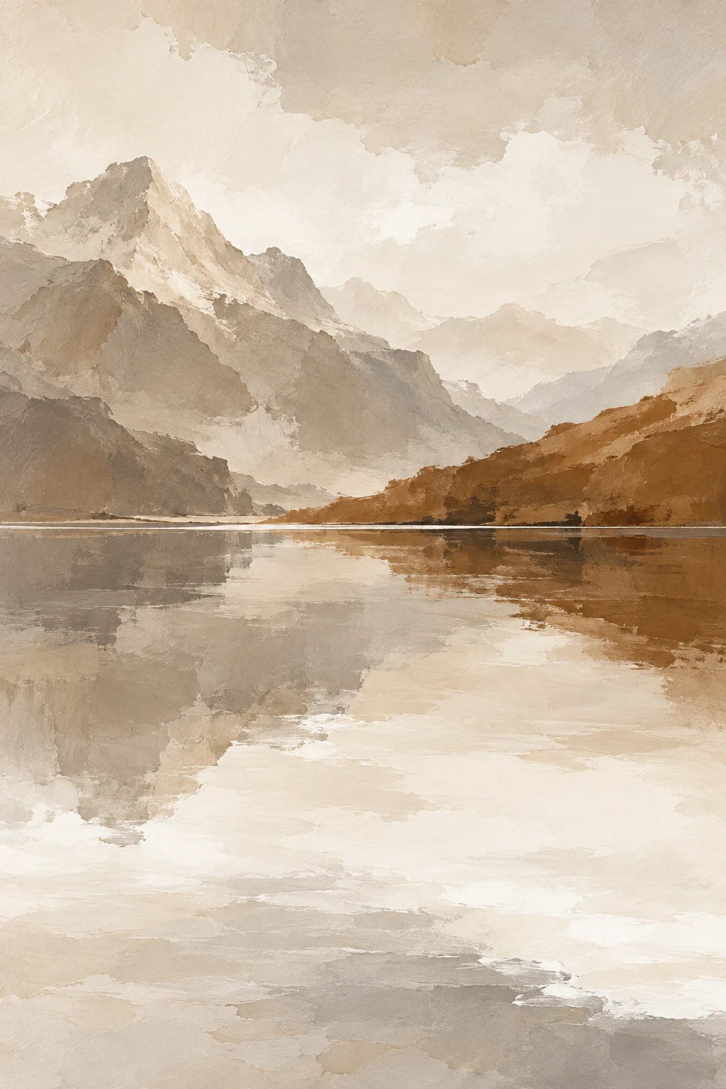 A mountain lake, perfectly still in cream, gray, stone, sand; portrait artwork.
