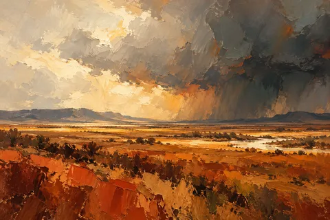 A wide plain with a distant storm wall in rust, brown, sand, cream; landscape artwork.