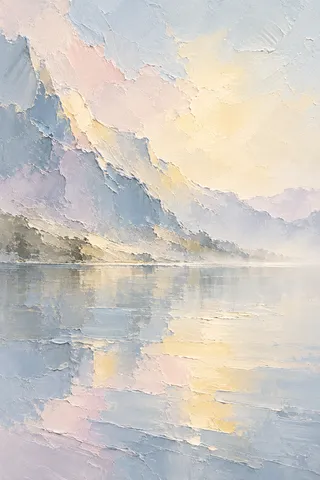 A mountain lake, perfectly still in cream, stone, gray; portrait artwork.