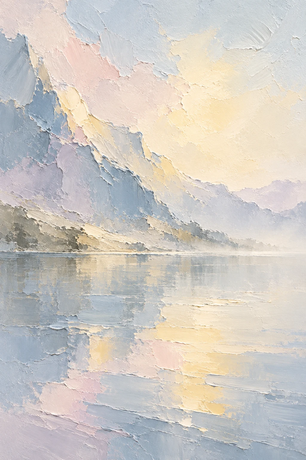 A mountain lake, perfectly still in cream, stone, gray; portrait artwork.