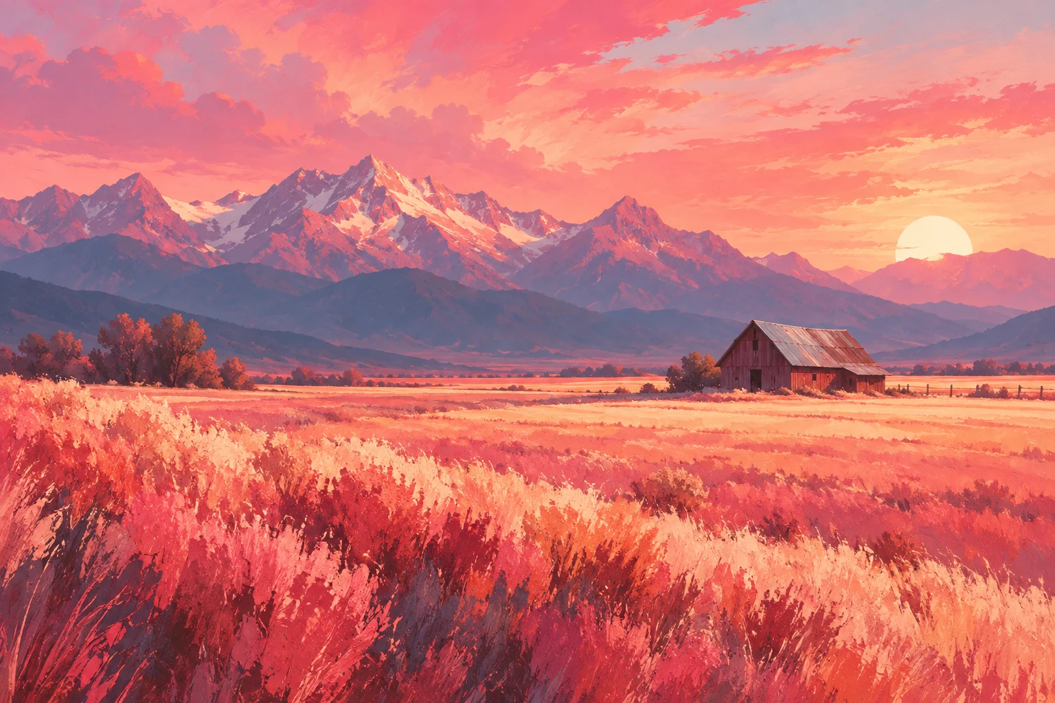 A lone barn far off in a wide field in blush, pink, taupe, orange; landscape artwork.