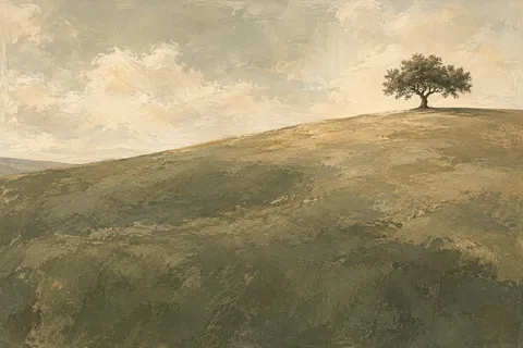 A lone tree on a bare hill in cream, olive, taupe, stone; landscape artwork.