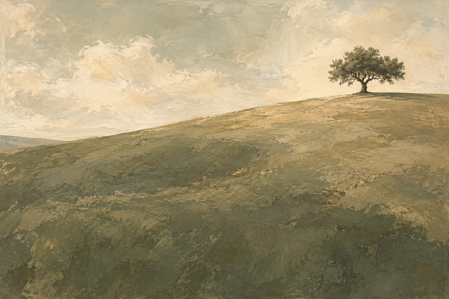A lone tree on a bare hill in cream, olive, taupe, stone; landscape artwork.