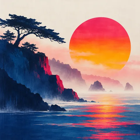 A foggy coastal tree line in cream, black, navy, red; square artwork.