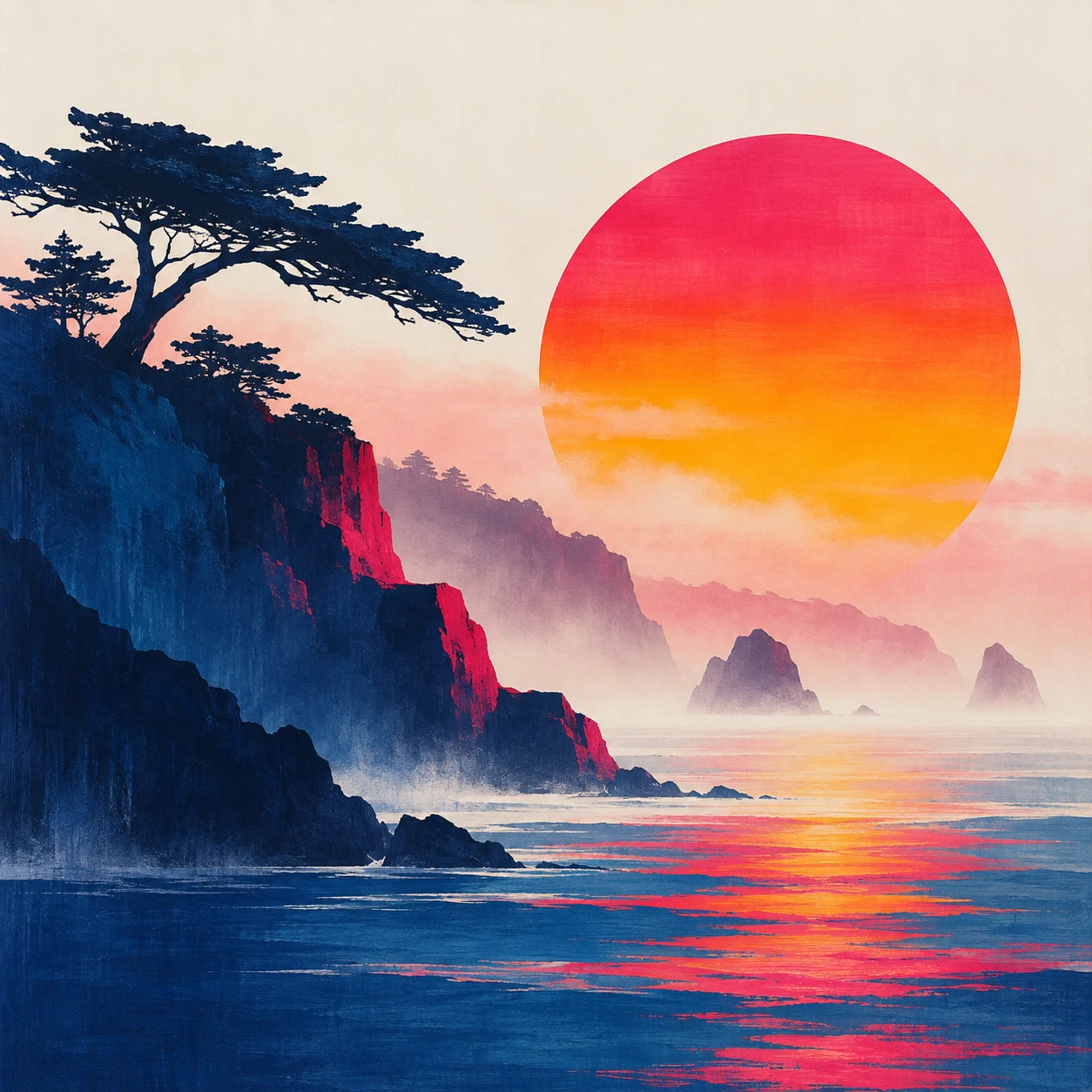 A foggy coastal tree line in cream, black, navy, red; square artwork.