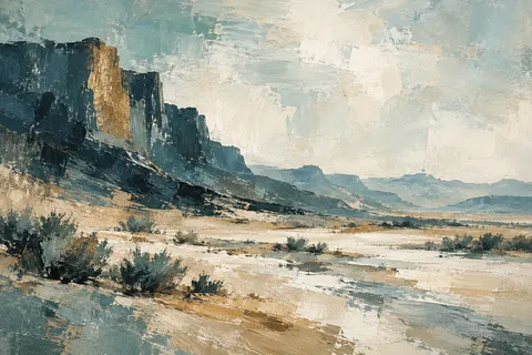 A desert wash with sparse scrub in cream, stone, charcoal, gray; landscape artwork.