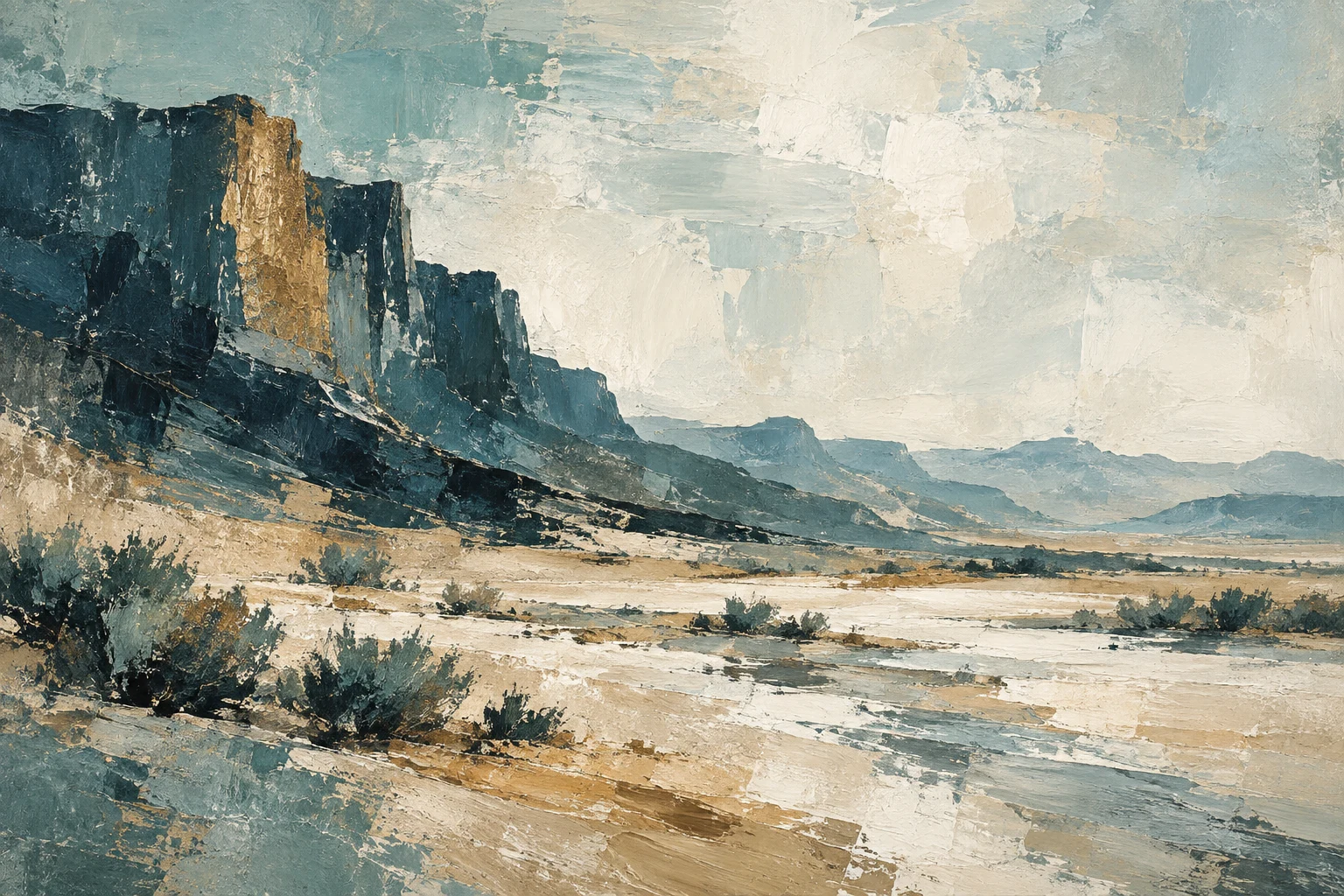 A desert wash with sparse scrub in cream, stone, charcoal, gray; landscape artwork.