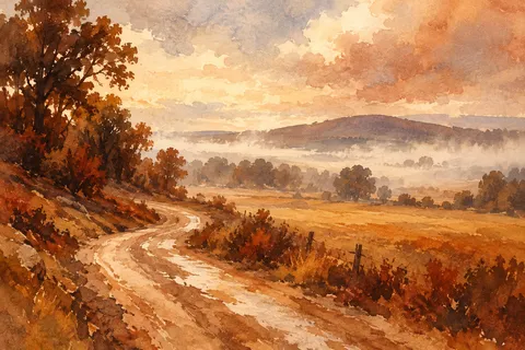 A dirt road curving into fog in terracotta, ochre, rust, stone; landscape artwork.