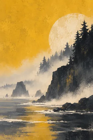 A foggy coastal tree line in yellow, cream, sand, taupe; portrait artwork.