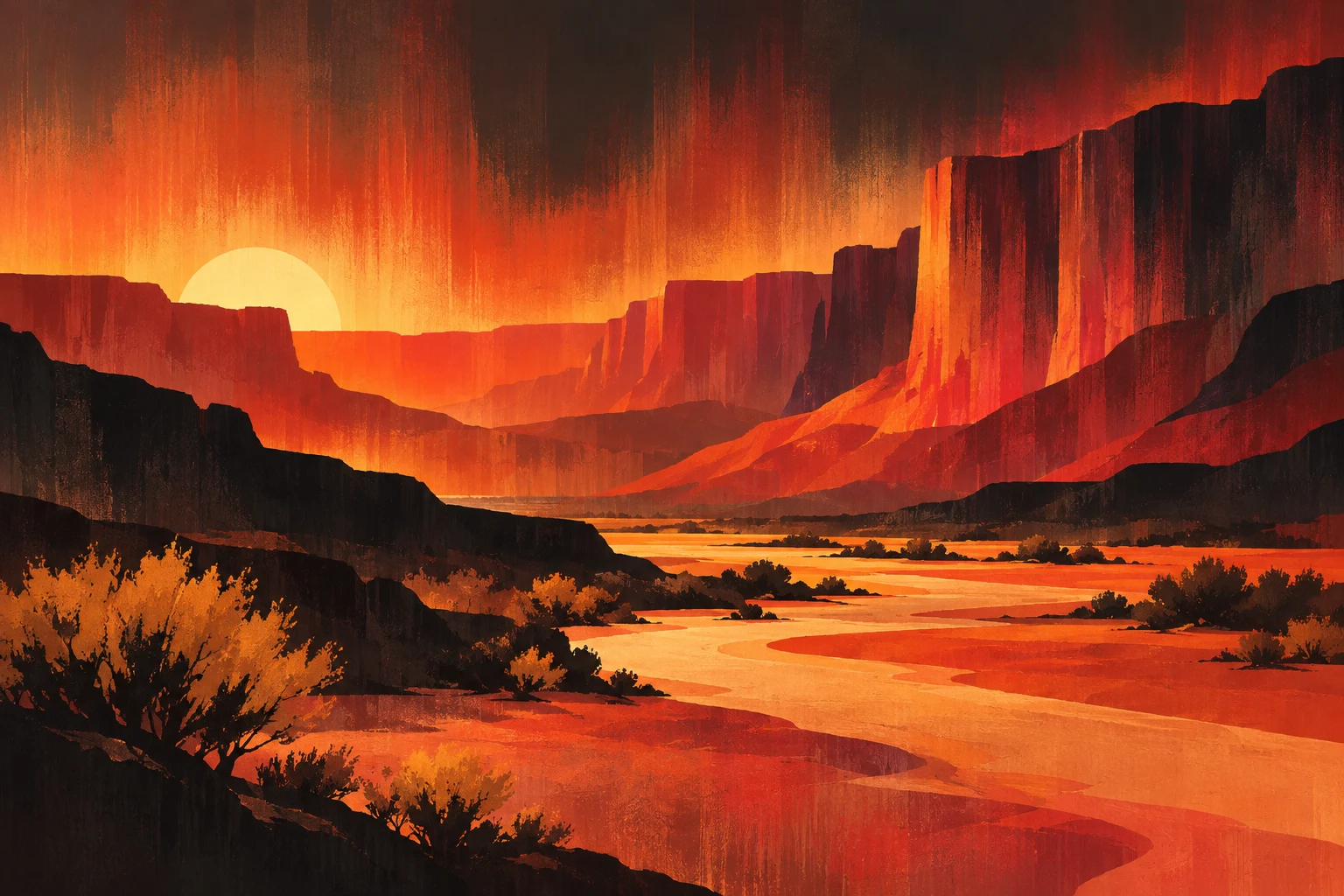 A desert wash with sparse scrub in black, rust, red, burgundy; landscape artwork.