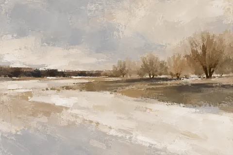 An orchard in winter in stone, cream, olive, sage; landscape artwork.