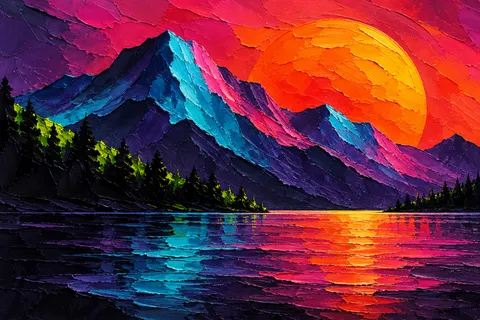 A dark tree line under a burning sky in black, red, navy; landscape artwork.