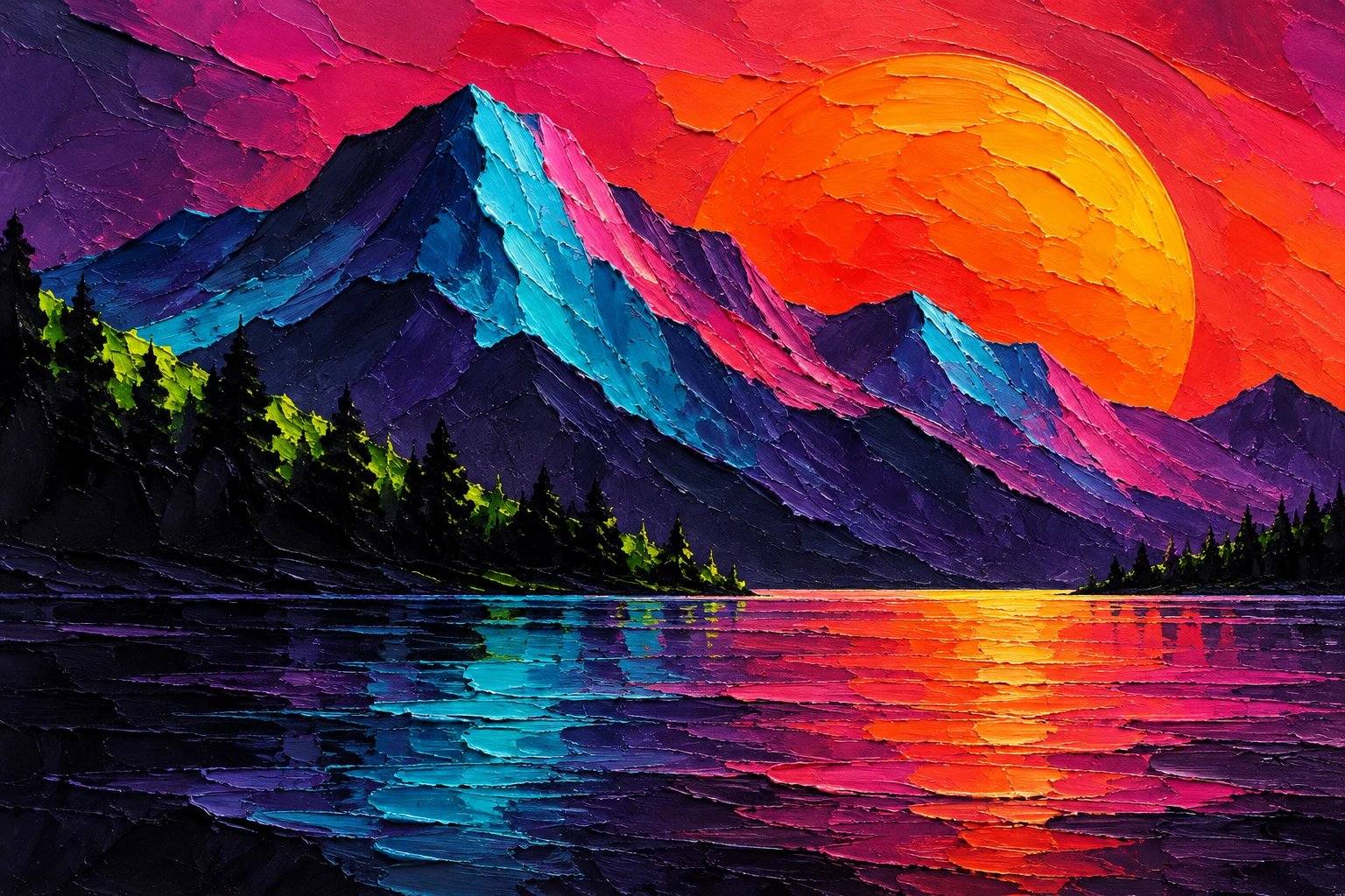 A dark tree line under a burning sky in black, red, navy; landscape artwork.