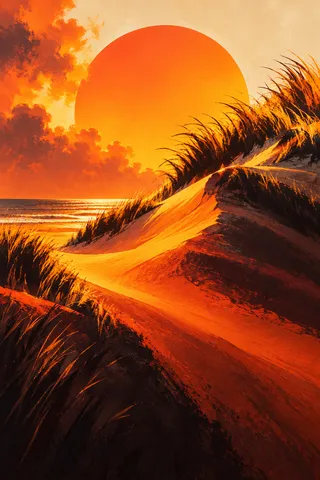 Dunes with beach grass under a bleached sky in orange, black, burgundy, terracotta; portrait artwork.