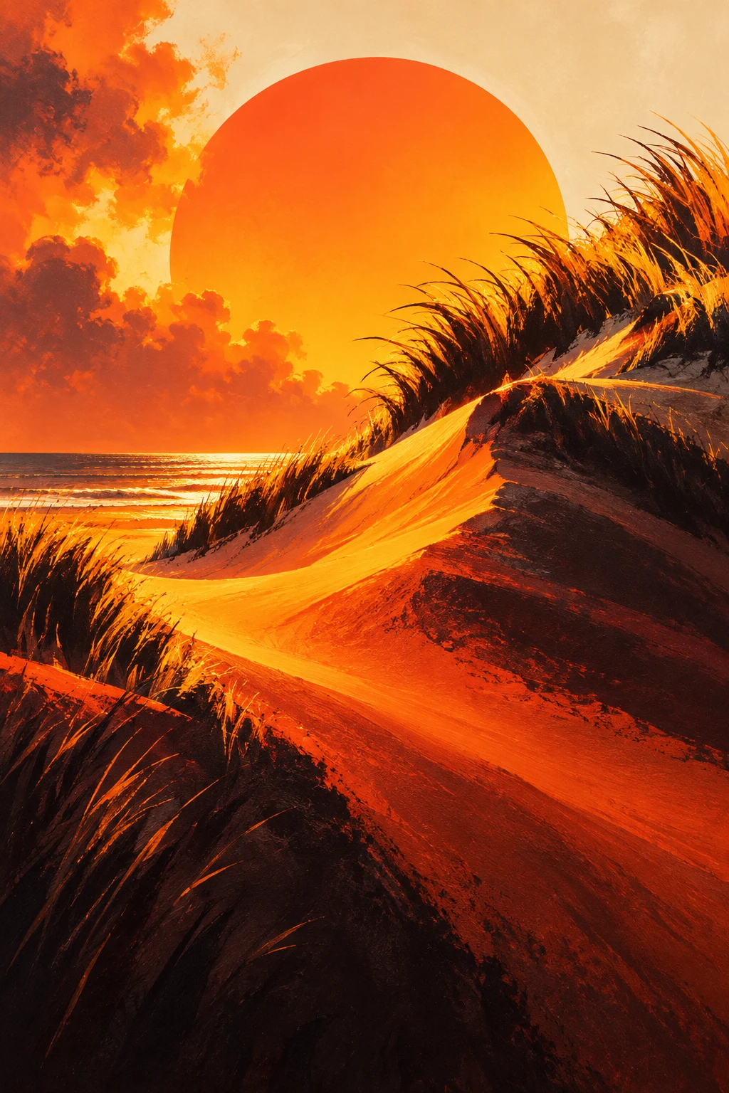 Dunes with beach grass under a bleached sky in orange, black, burgundy, terracotta; portrait artwork.