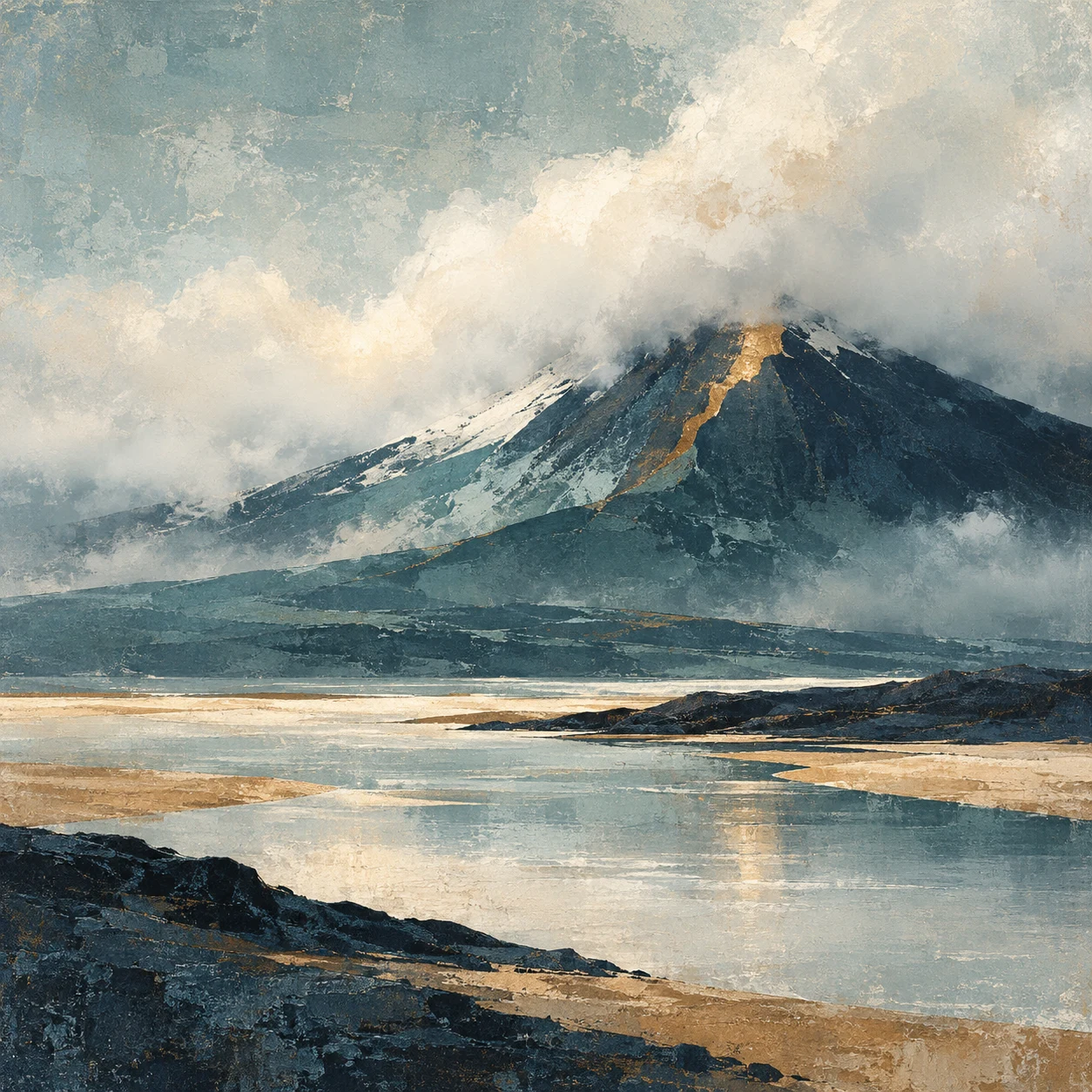 A volcanic slope under low cloud in stone, navy, green, cream; square artwork.