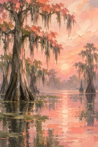 A cypress swamp in still water in blush, olive, taupe, cream; portrait artwork.