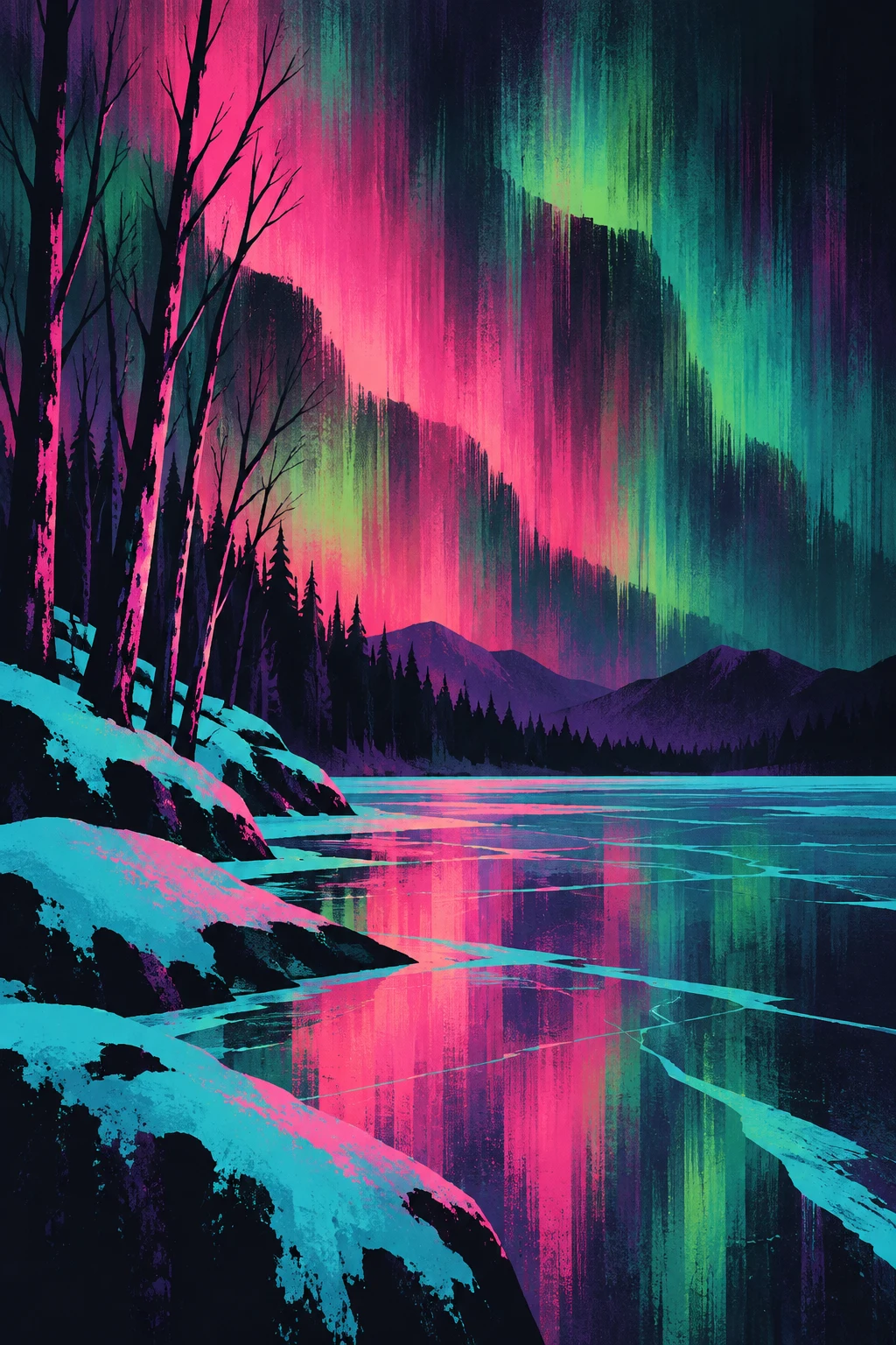 A frozen pond ringed with bare trees in black, navy, pink, teal; portrait artwork.