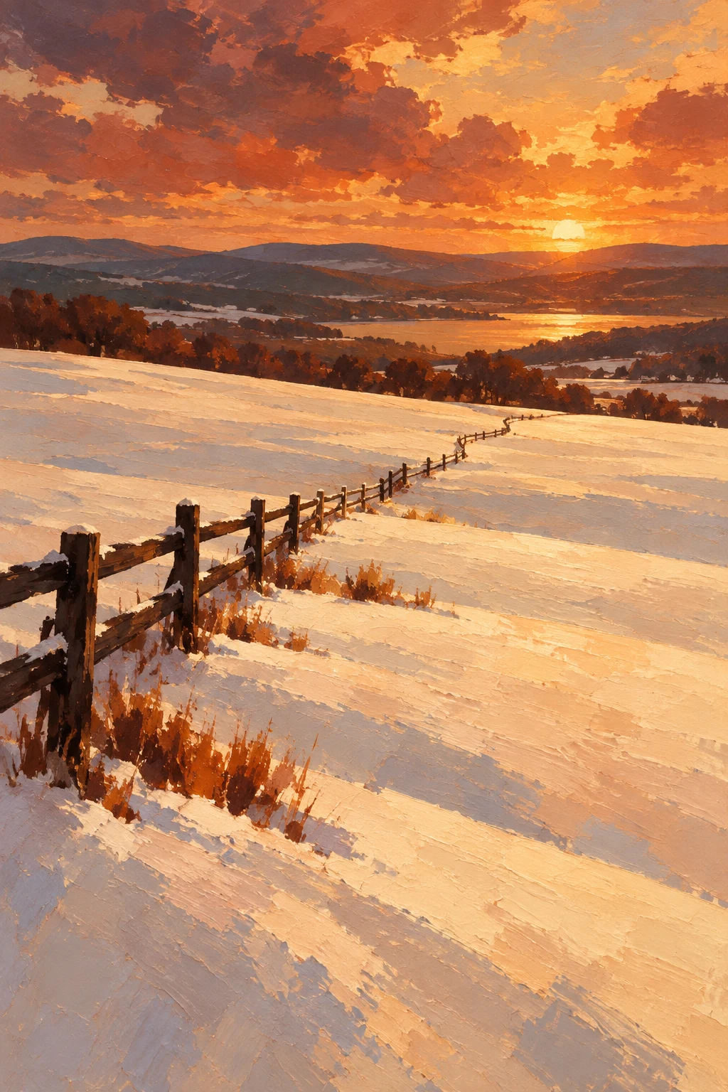 A snowfield with one dark fence line in blush, rust, yellow, orange; portrait artwork.