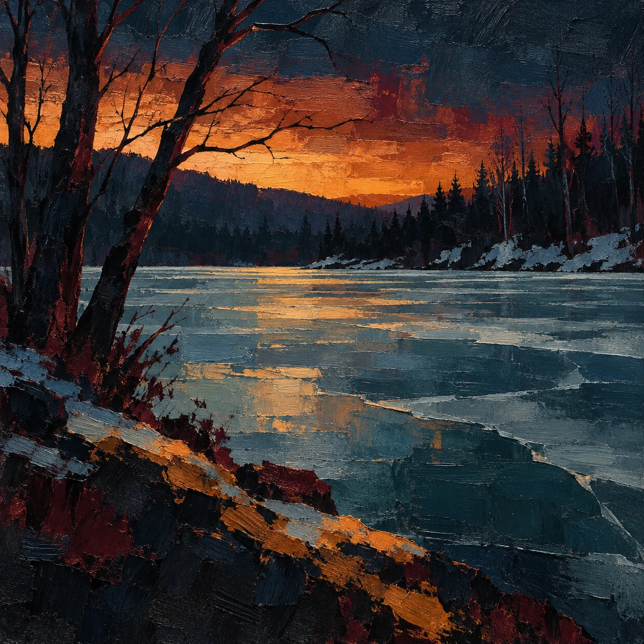 A frozen pond ringed with bare trees in black, navy, green, ochre; square artwork.