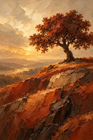 A lone tree on a bare hill in burgundy, rust, sand, yellow; portrait artwork.
