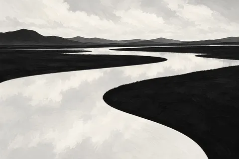 A flooded field mirroring a pale sky in cream, black, white, charcoal; landscape artwork.