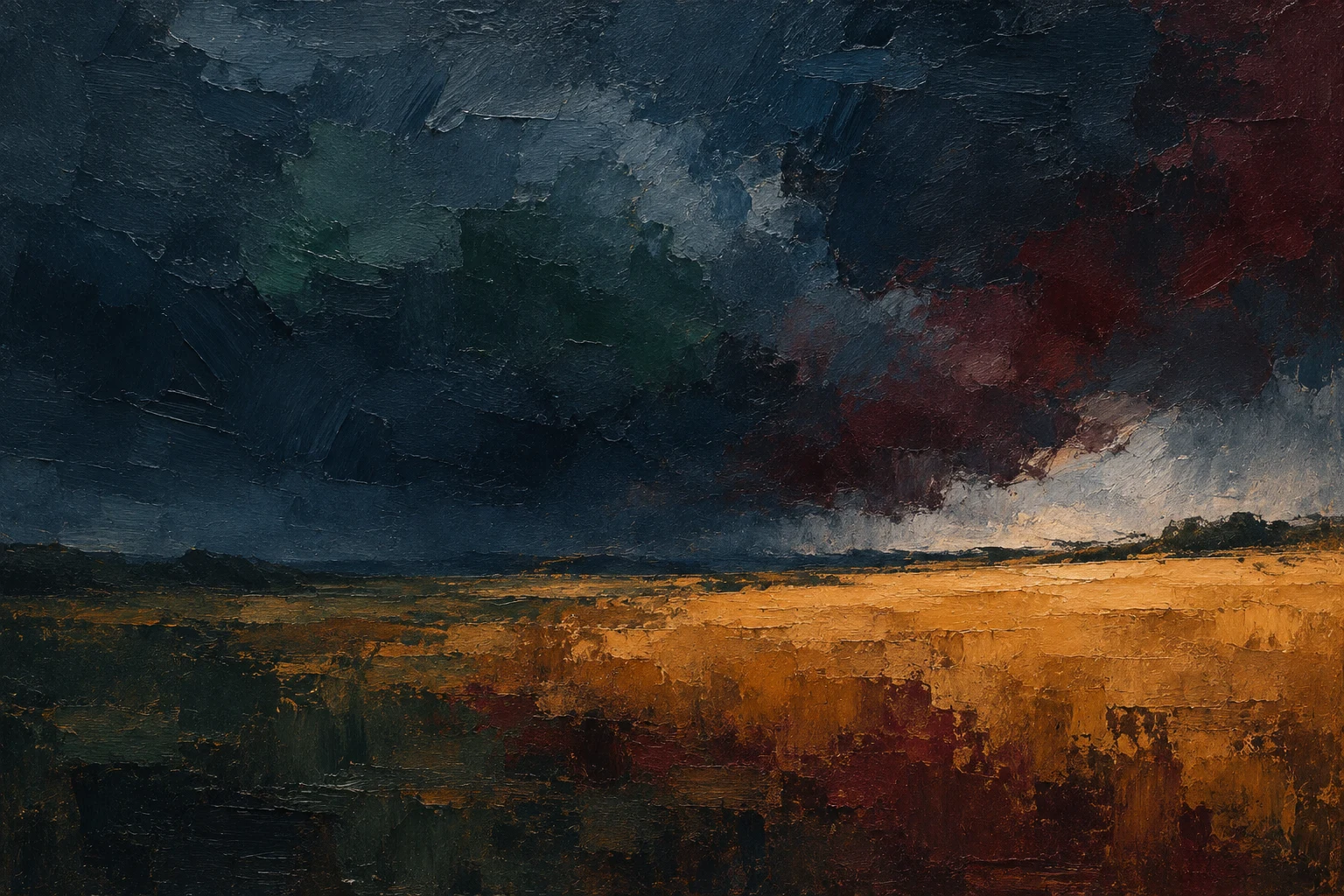 A wheat field under a heavy sky in black, charcoal, taupe; landscape artwork.