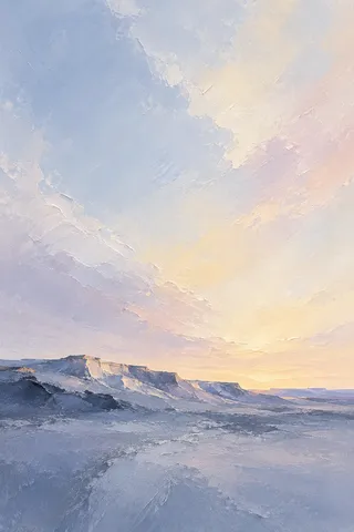 A badlands ridge in late light in cream, lavender, sky blue, stone; portrait artwork.