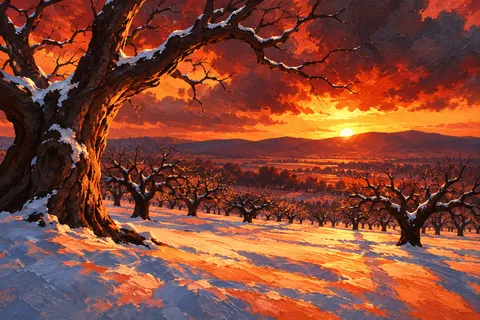 An orchard in winter in burgundy, terracotta, blush, purple; landscape artwork.