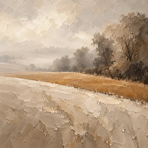 A hedgerow line dissolving in mist in cream, sand, taupe, stone; square artwork.
