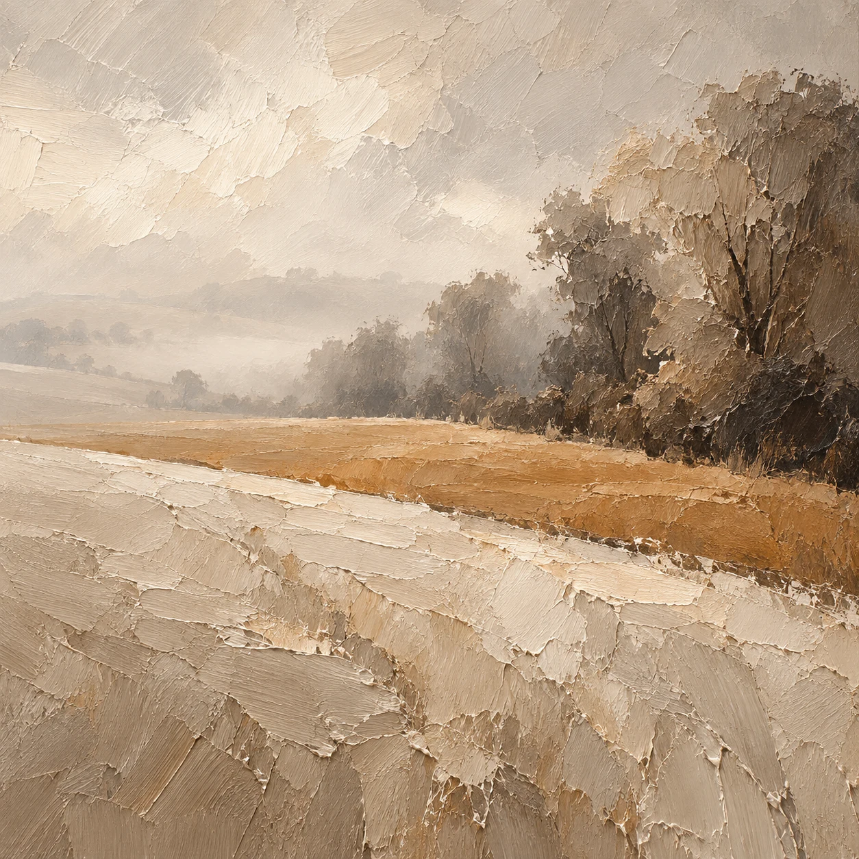 A hedgerow line dissolving in mist in cream, sand, taupe, stone; square artwork.