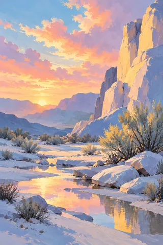 A desert wash with sparse scrub in lavender, stone, cream, gray; portrait artwork.