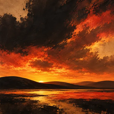 Rolling hills reduced to four flat curves in black, rust, red, orange; square artwork.