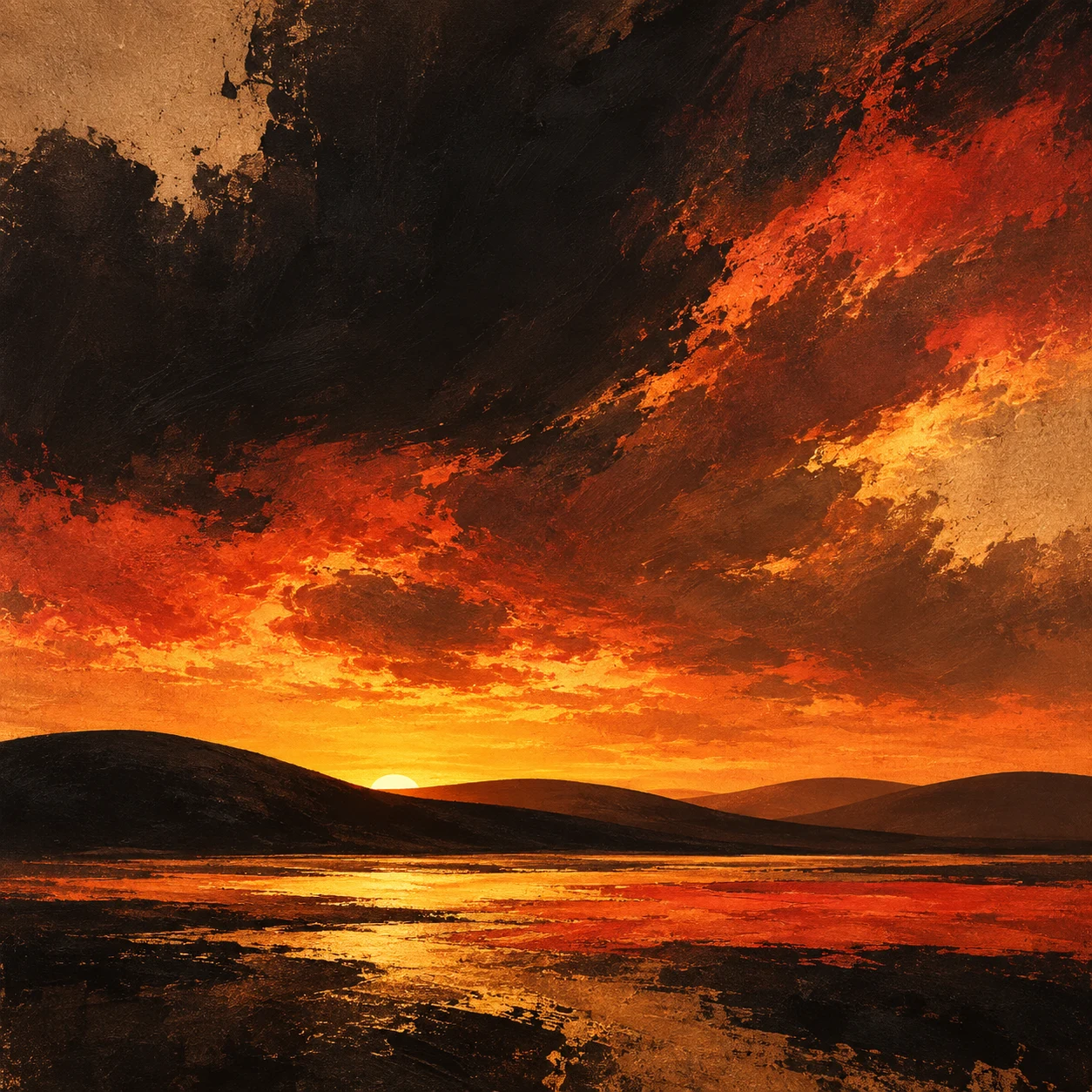 Rolling hills reduced to four flat curves in black, rust, red, orange; square artwork.
