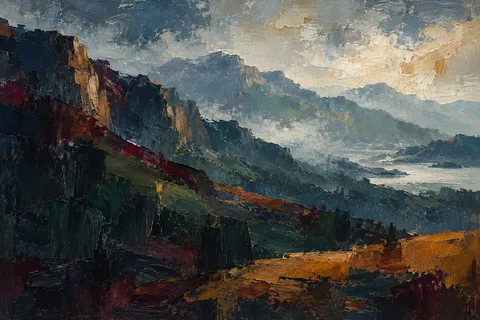 Layered mountain ridges receding into haze in black, charcoal, gray, stone; landscape artwork.