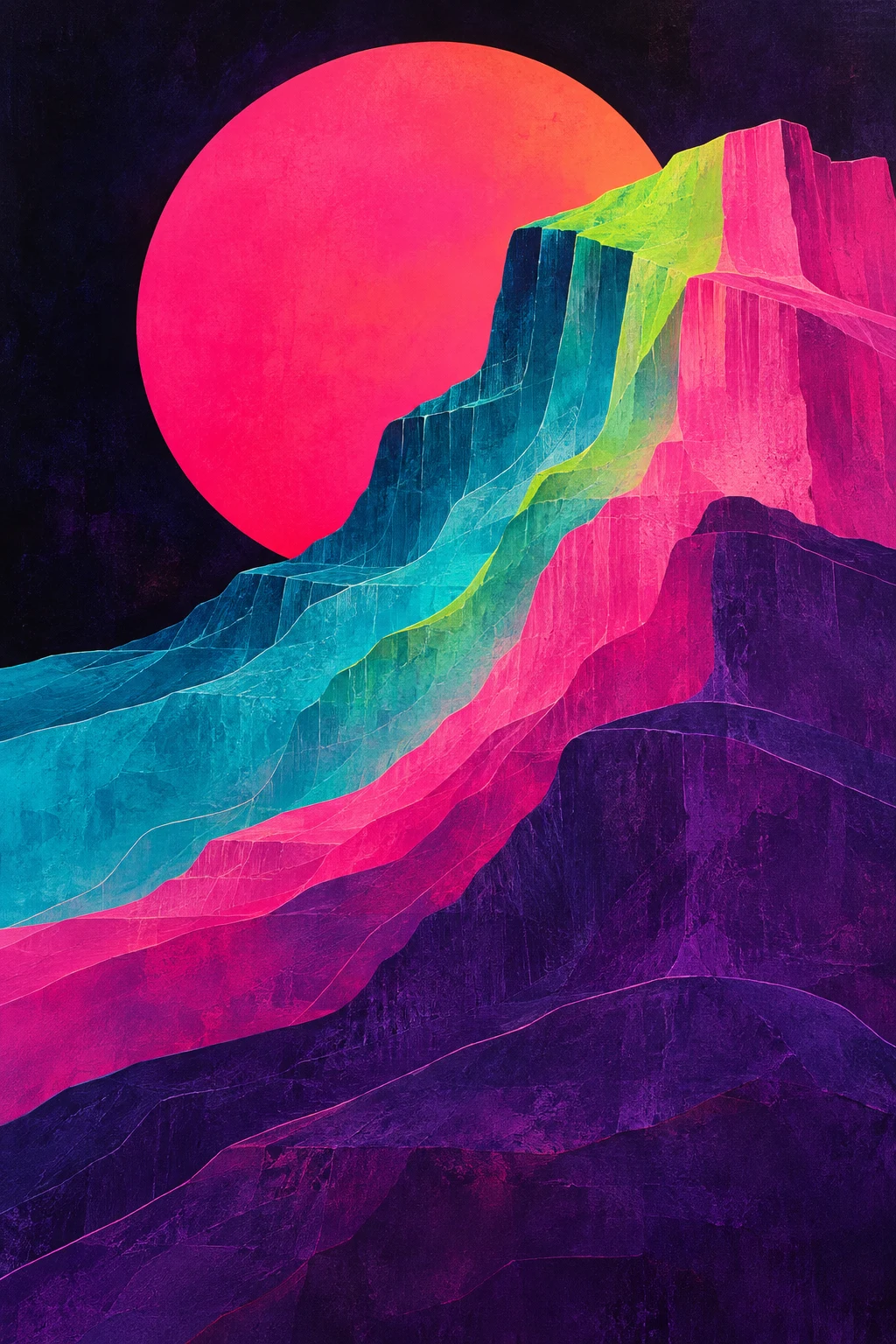 A badlands ridge in late light in black, red, burgundy, blue; portrait artwork.
