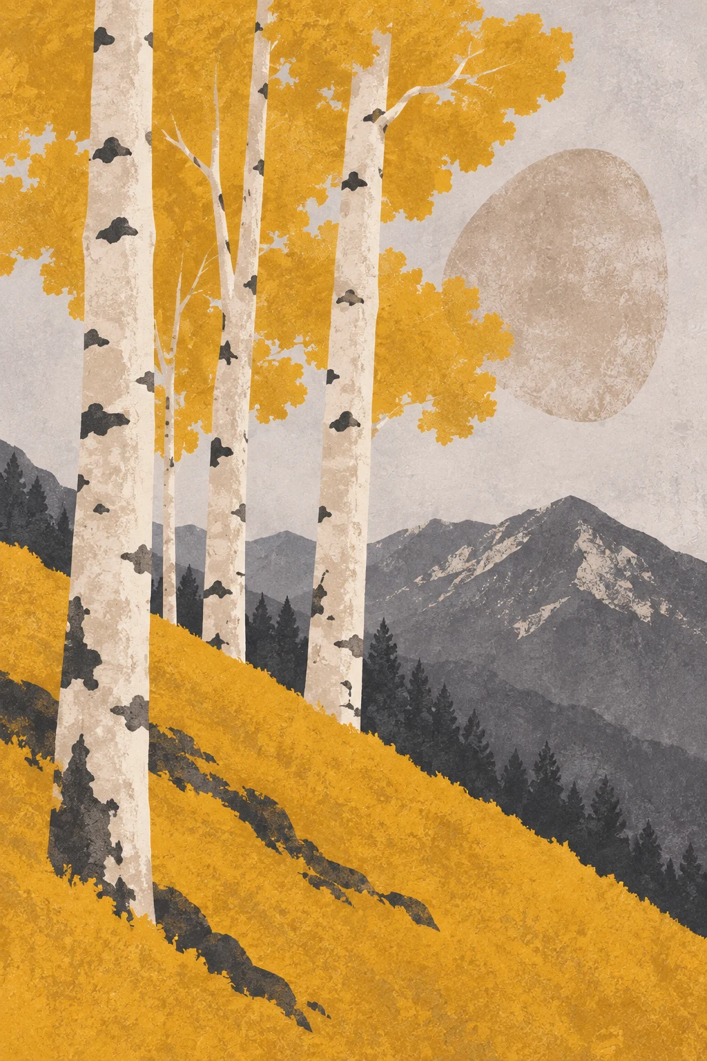 Aspen trunks on a steep hillside in orange, cream, stone, charcoal; portrait artwork.