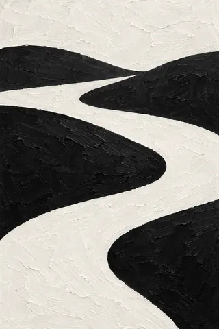 Rolling hills reduced to four flat curves in black, cream, white; portrait artwork.