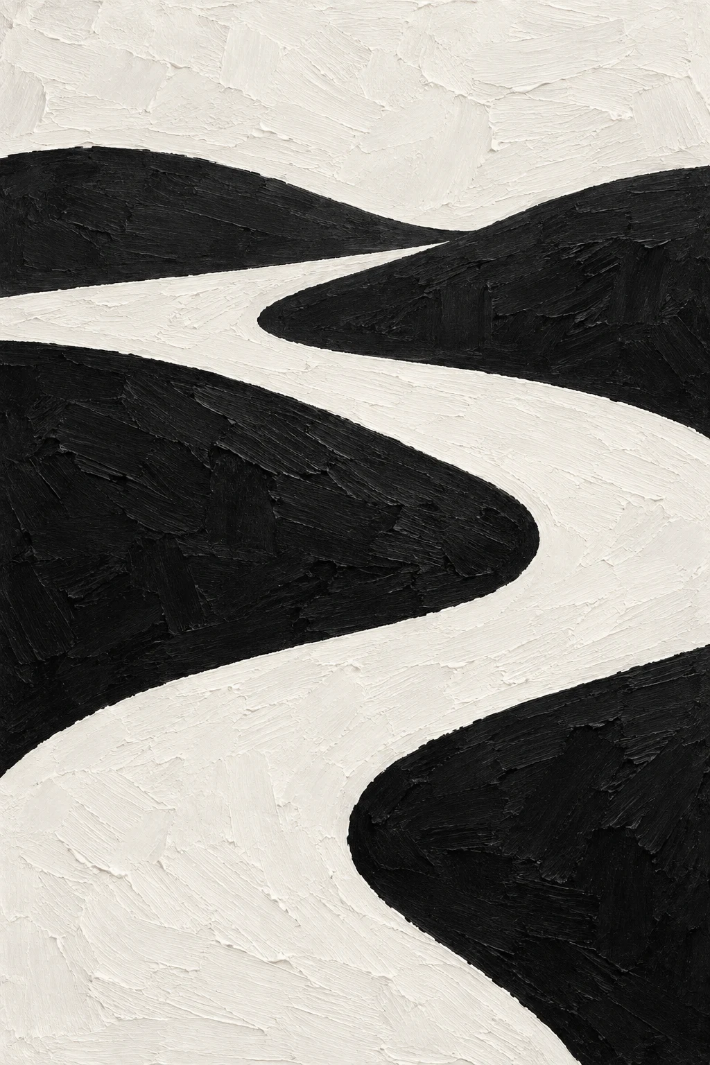 Rolling hills reduced to four flat curves in black, cream, white; portrait artwork.