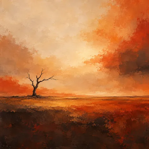 A single dead tree against a vast sky in orange, black, sand, terracotta; square artwork.