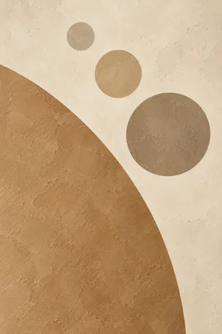 Three dots in a slow diagonal in ochre, cream, sand; portrait artwork.