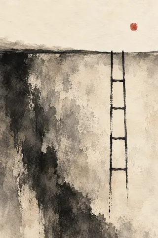A ladder of four rungs in cream, black, sand, gray; portrait artwork.