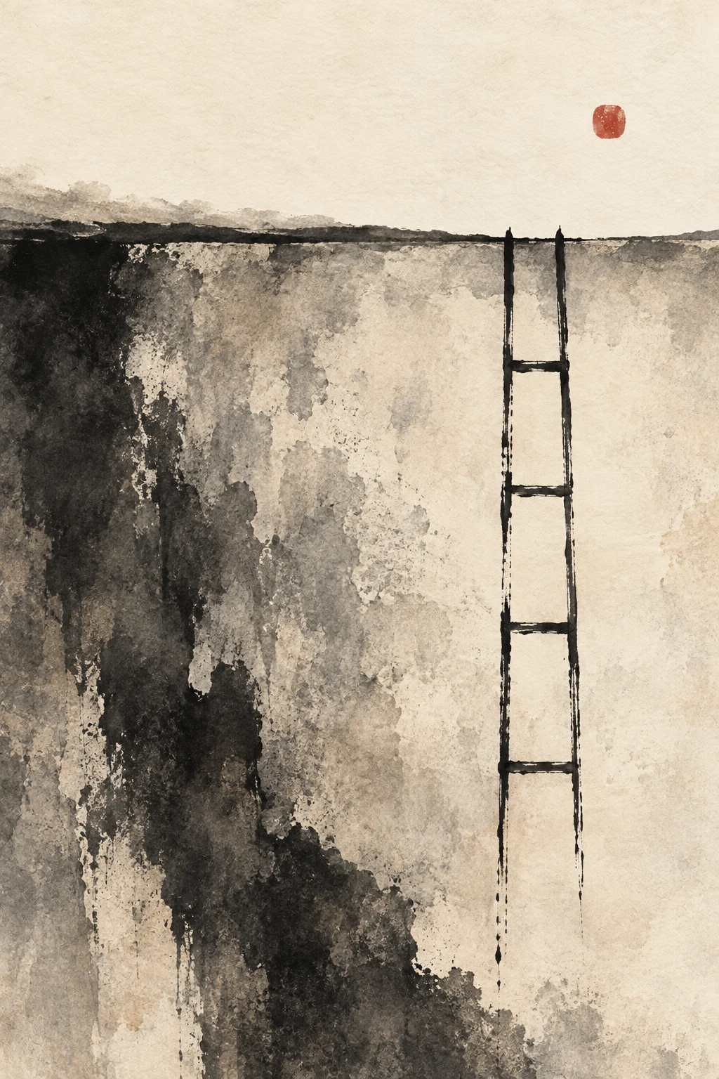A ladder of four rungs in cream, black, sand, gray; portrait artwork.