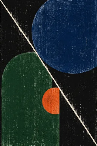 One long diagonal cutting corner to corner in black, forest green, navy, brown; portrait artwork.