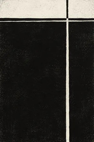 A cross of two thin lines, off-center in black, cream, charcoal; portrait artwork.