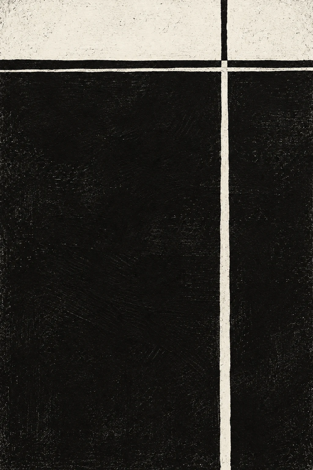A cross of two thin lines, off-center in black, cream, charcoal; portrait artwork.