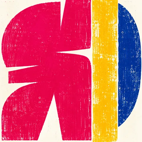One broad stripe off-center in red, yellow, white, purple; square artwork.