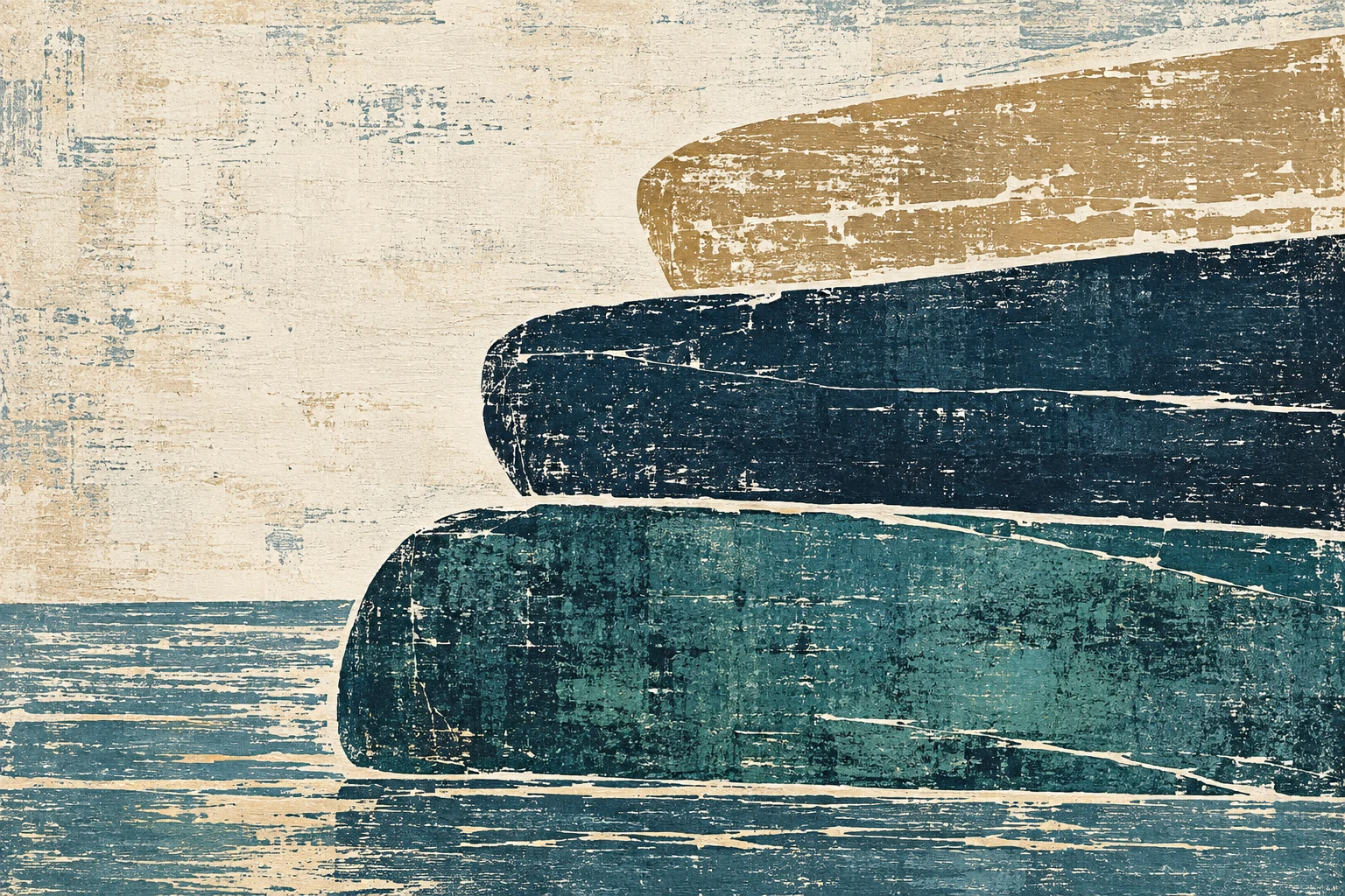 A stack of three flat bands of decreasing height in cream, teal, navy, sand; landscape artwork.