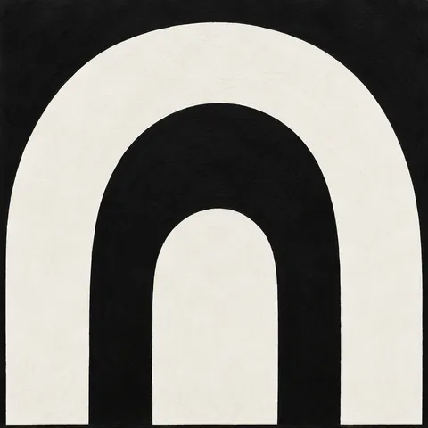 Three nested arches in white, black, cream; square artwork.